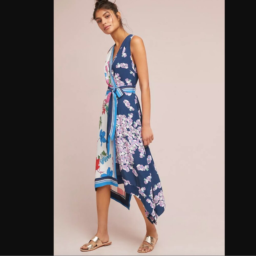 Anthropologie Navy & White Floral Midi Dress